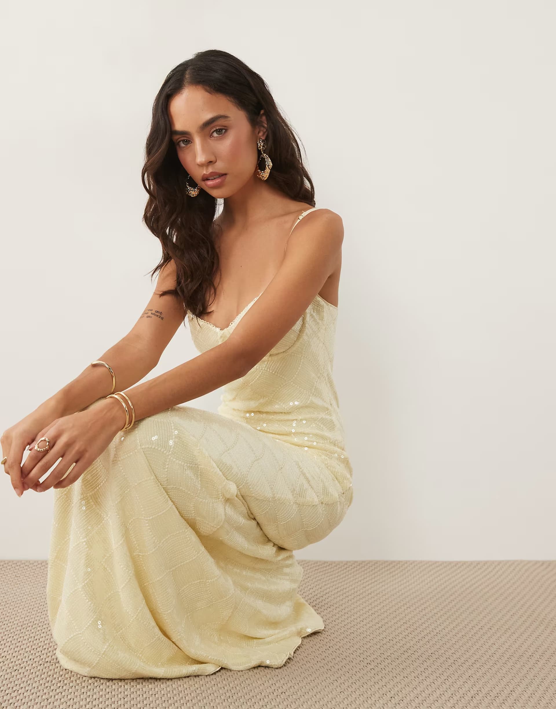 ASOS Wanderdoll Rhea cami cup detail sequin maxi dress in lemon