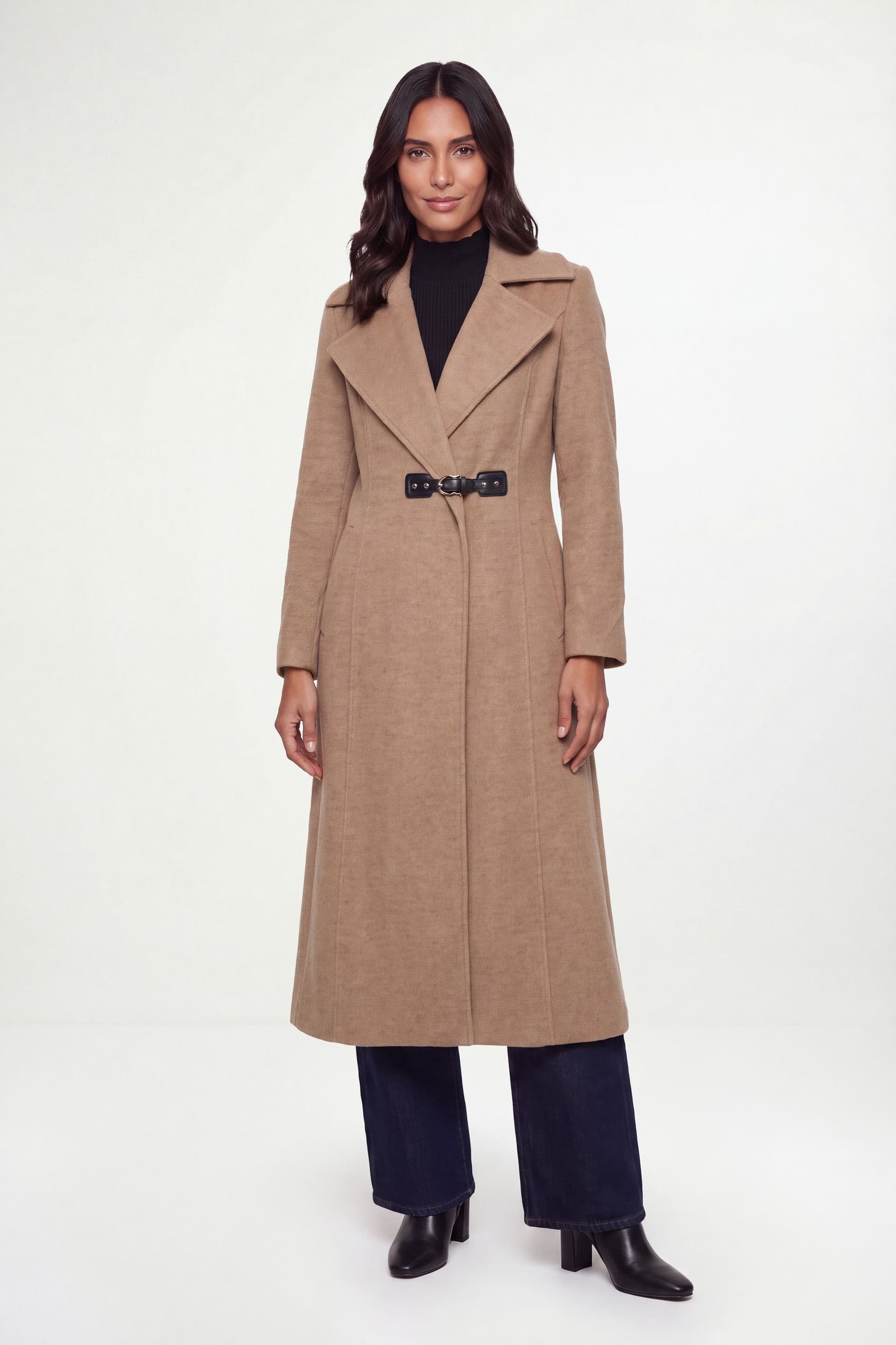 Wallis Wallis Women's Wool Look Buckle Trim Waisted Coat in Camel