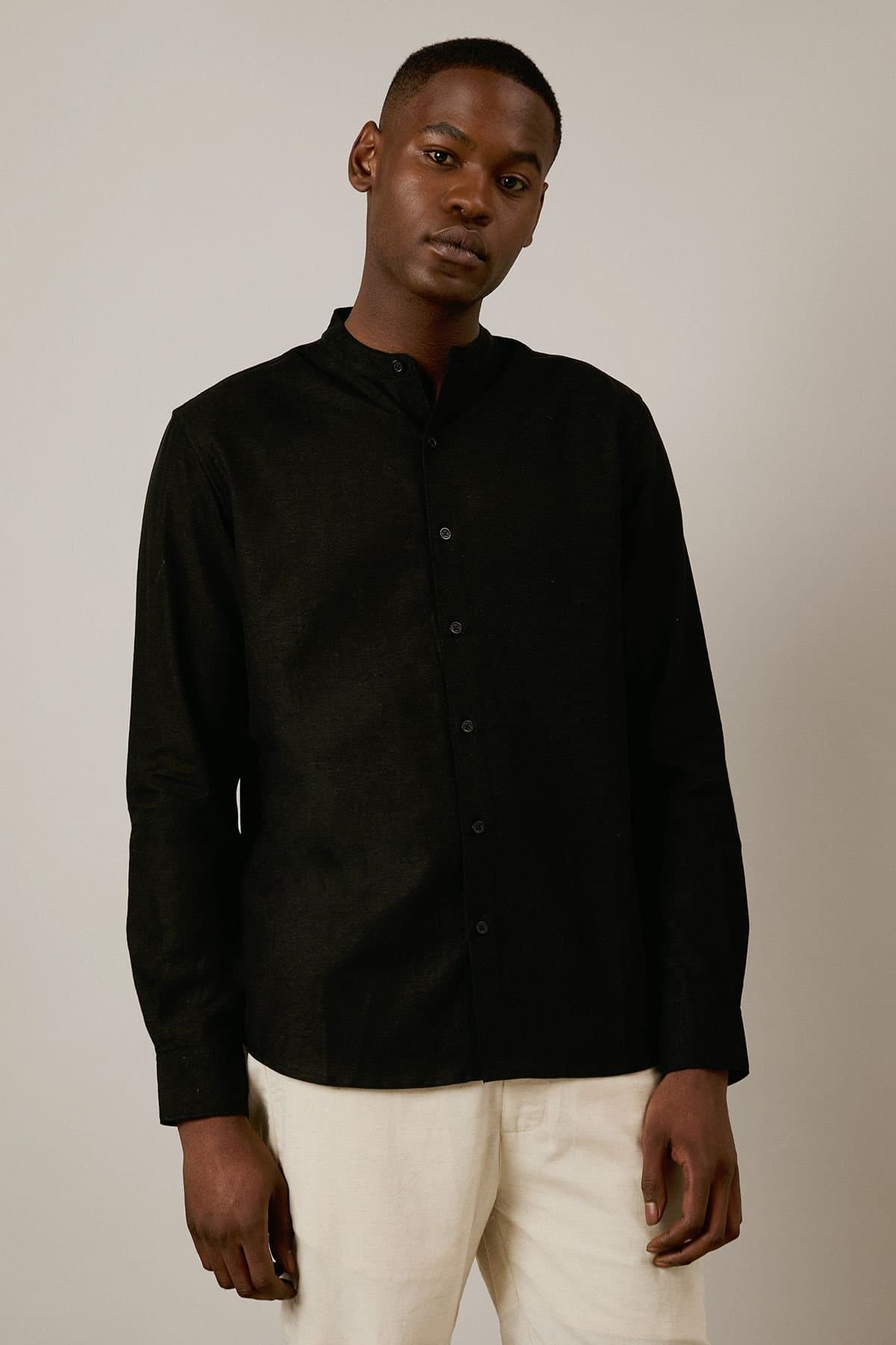 Burton Burton Men's Black Linen Blend Grandad Collar Shirt