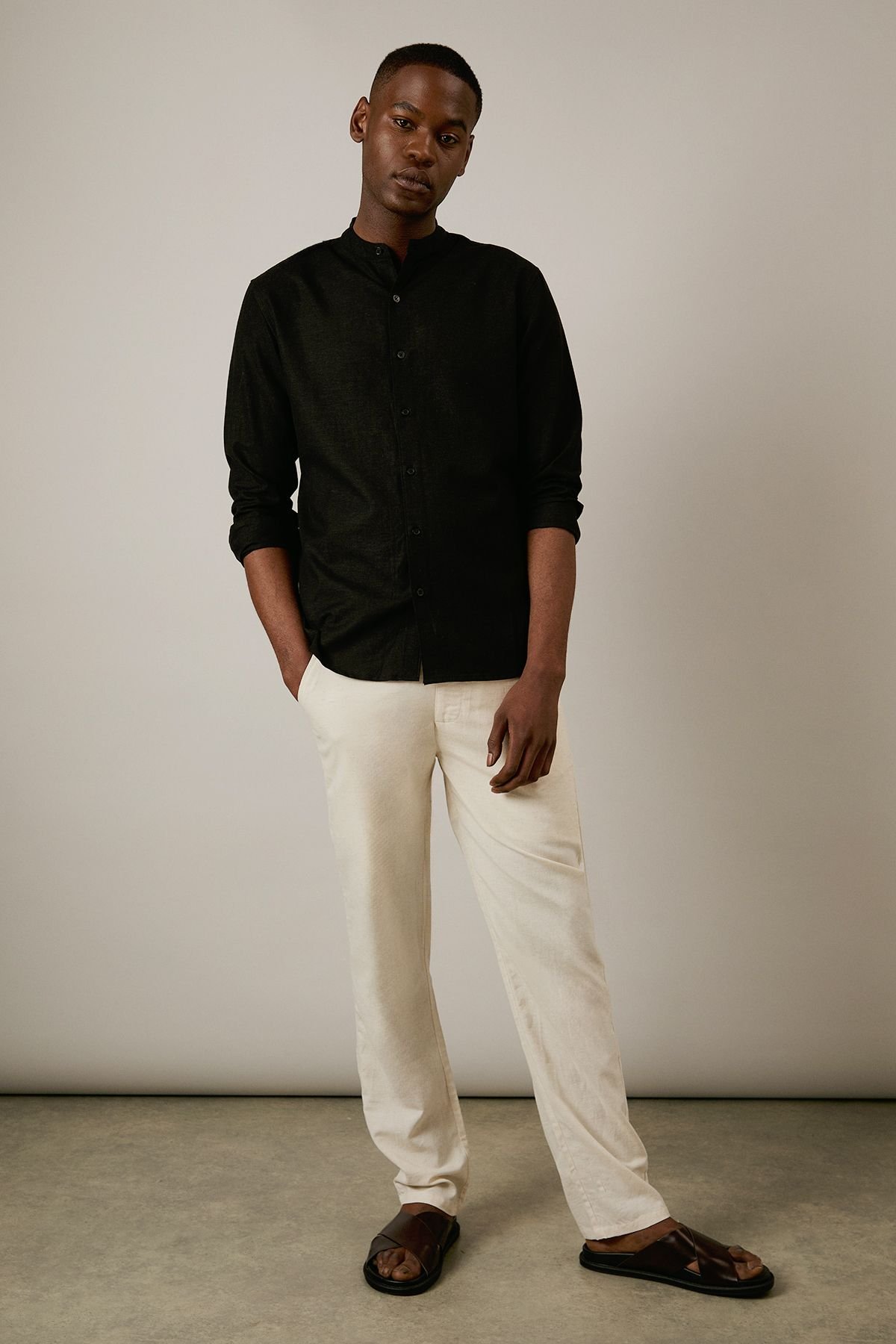 Burton Burton Men's Black Linen Blend Grandad Collar Shirt - 2