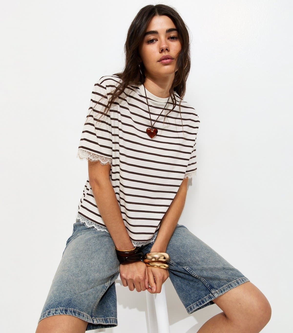 New Look Women's Brown Cotton Striped Lace Trim Boxy T-Shirt New Look