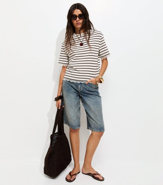 New Look Women's Brown Cotton Striped Lace Trim Boxy T-Shirt New Look - 3