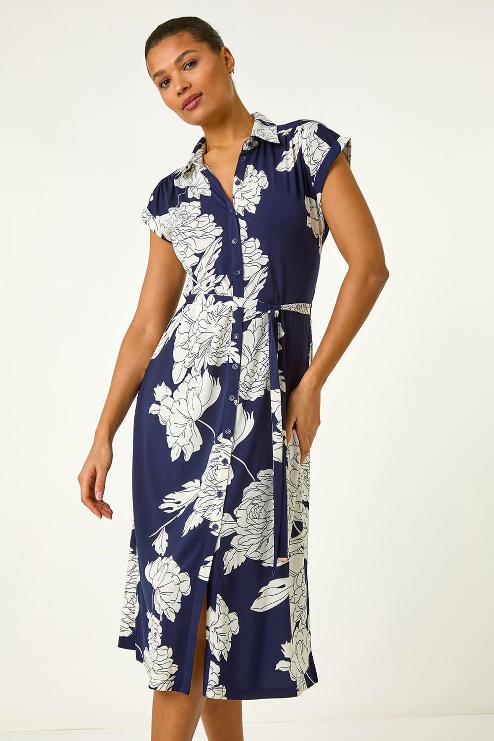 Roman Roman Women's Floral Print Stretch Shirt Dress in Navy - 2