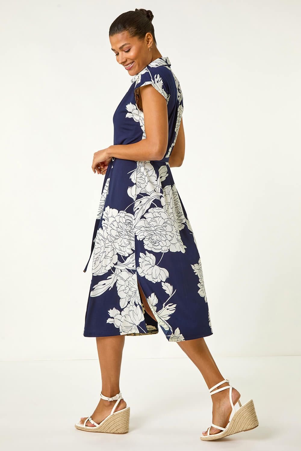 Roman Roman Women's Floral Print Stretch Shirt Dress in Navy - 3