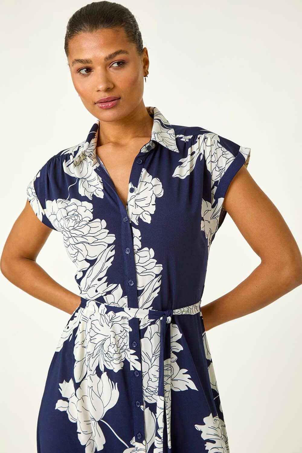 Roman Roman Women's Floral Print Stretch Shirt Dress in Navy - 4