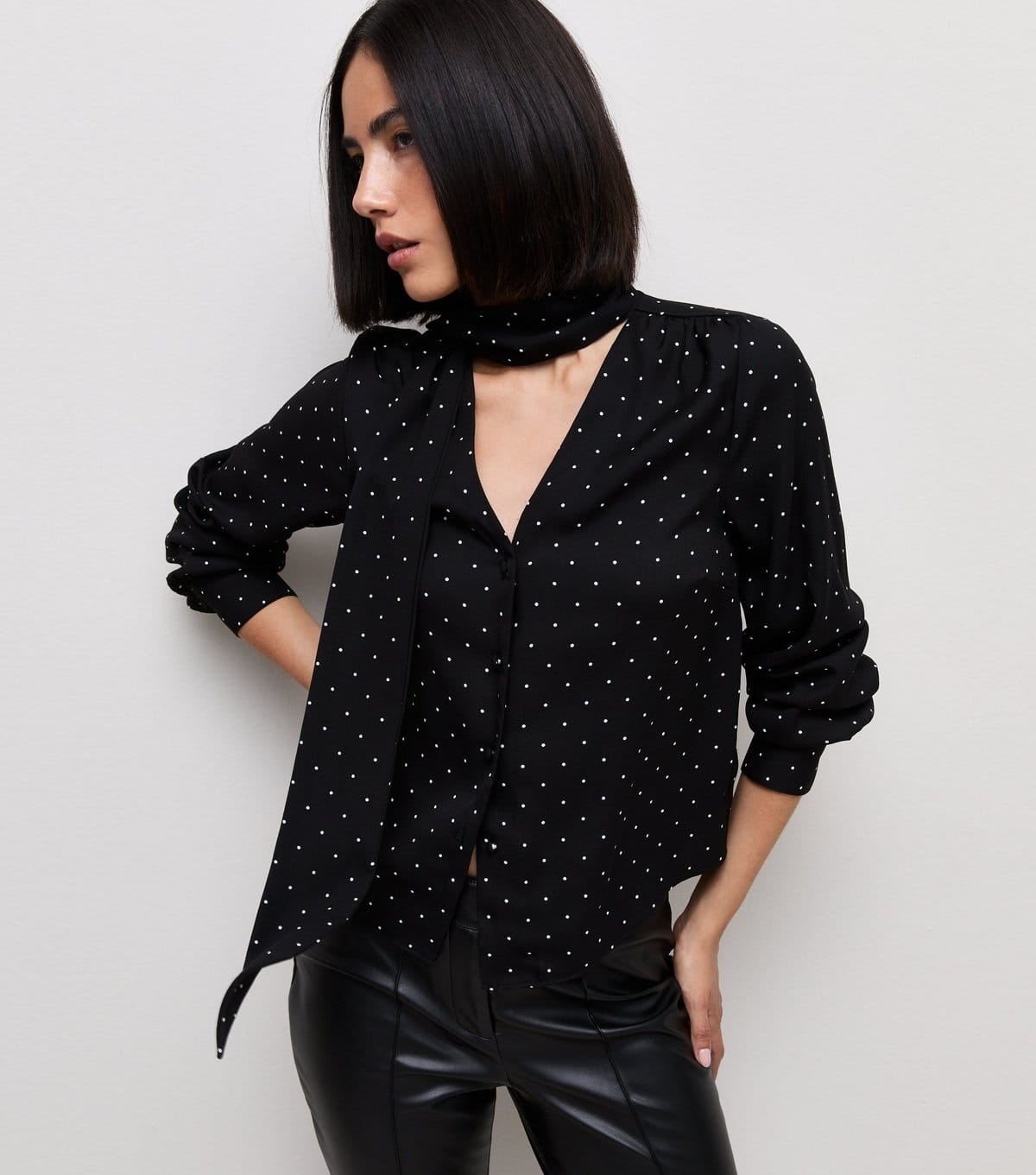 Women's Black Woven Spot Print Pussybow Blouse New Look