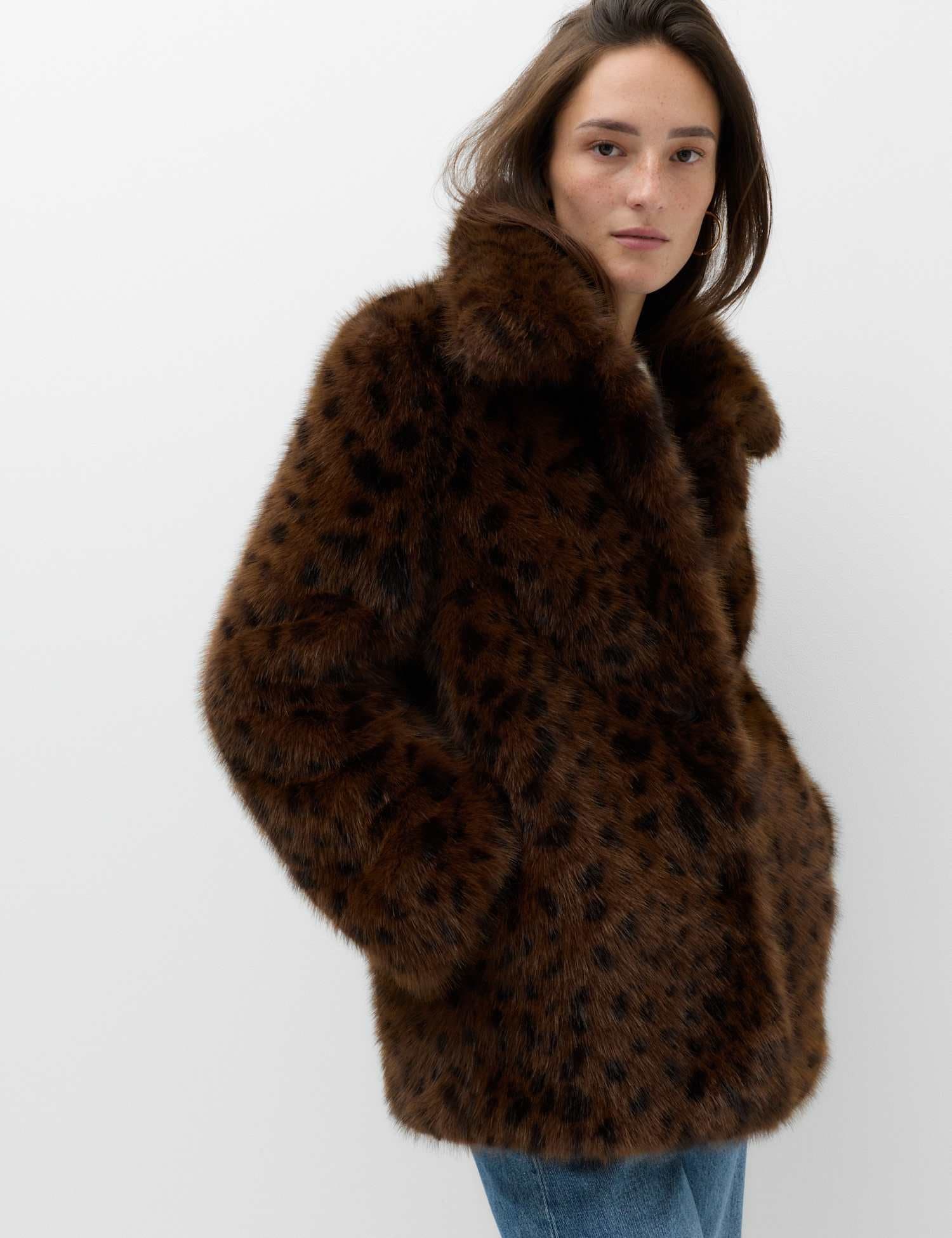 Marks & Spencer M&S Faux Fur Leopard Print Collared Short Jacket Brown Mix