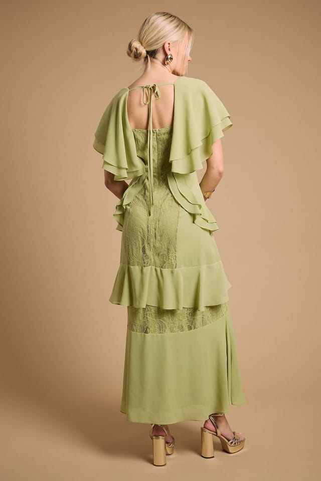 Oasis Oasis Women's Lace Panel Ruffle Maxi Dress in Green - 3