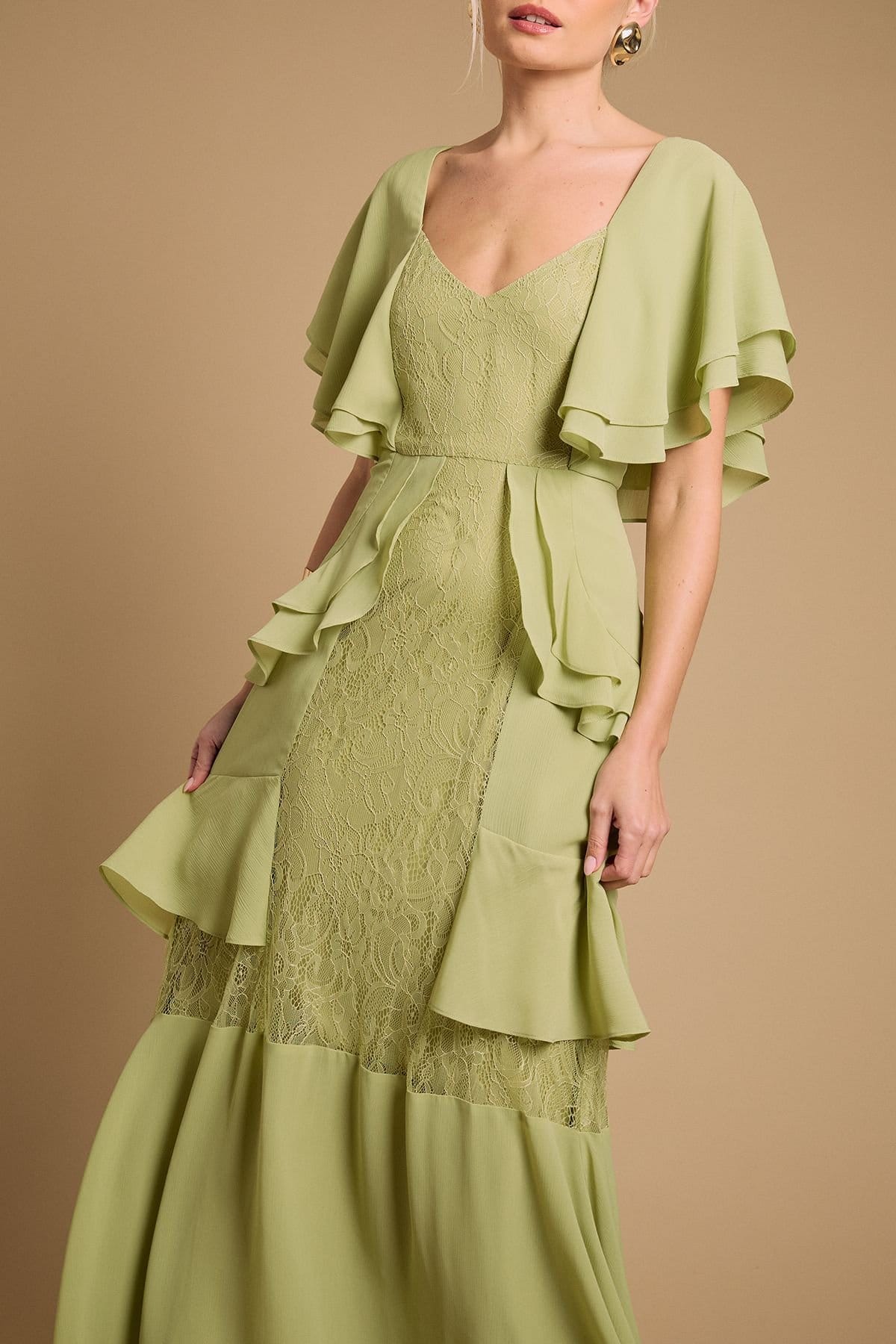 Oasis Oasis Women's Lace Panel Ruffle Maxi Dress in Green - 4