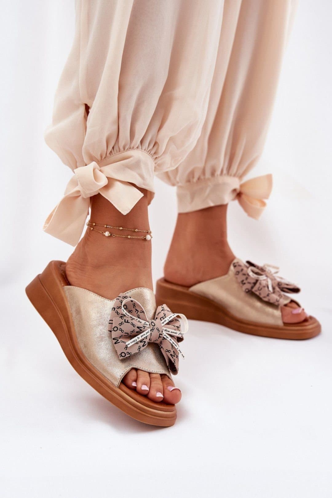 Love Lace Love Lace Women's Jezzi Wedge Sandals with Front Bow for Everyday Comfort in Gold