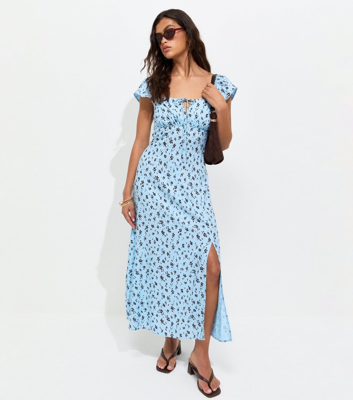 New Look Blue Ditsy Print Lace Trim Square Neck Midi Dress