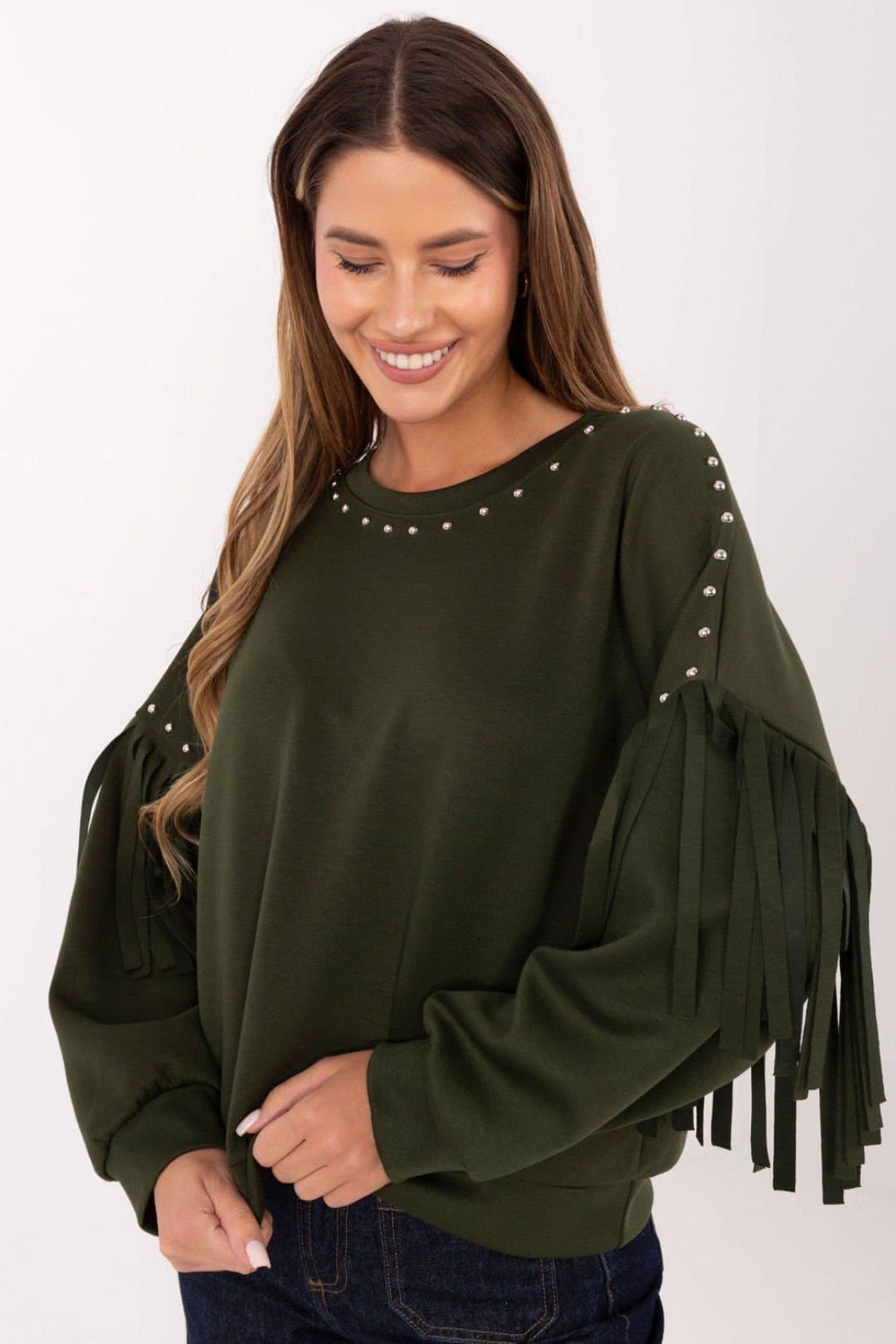 Love Lace Love Lace Women's Studded Fringe Casual Sweatshirt in Green