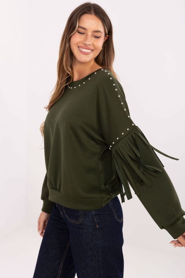 Love Lace Love Lace Women's Studded Fringe Casual Sweatshirt in Green - 2