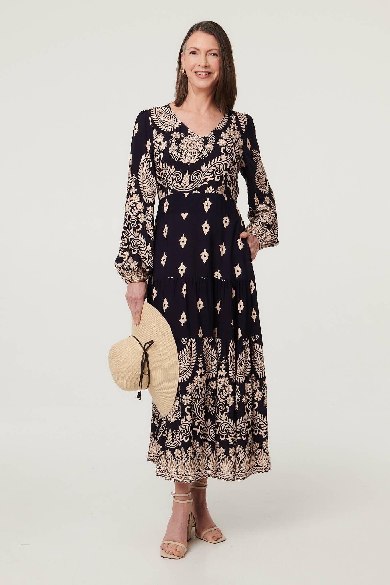 Izabel London Izabel London Women's Paisley Print Long Sleeve Midi Dress in Navy
