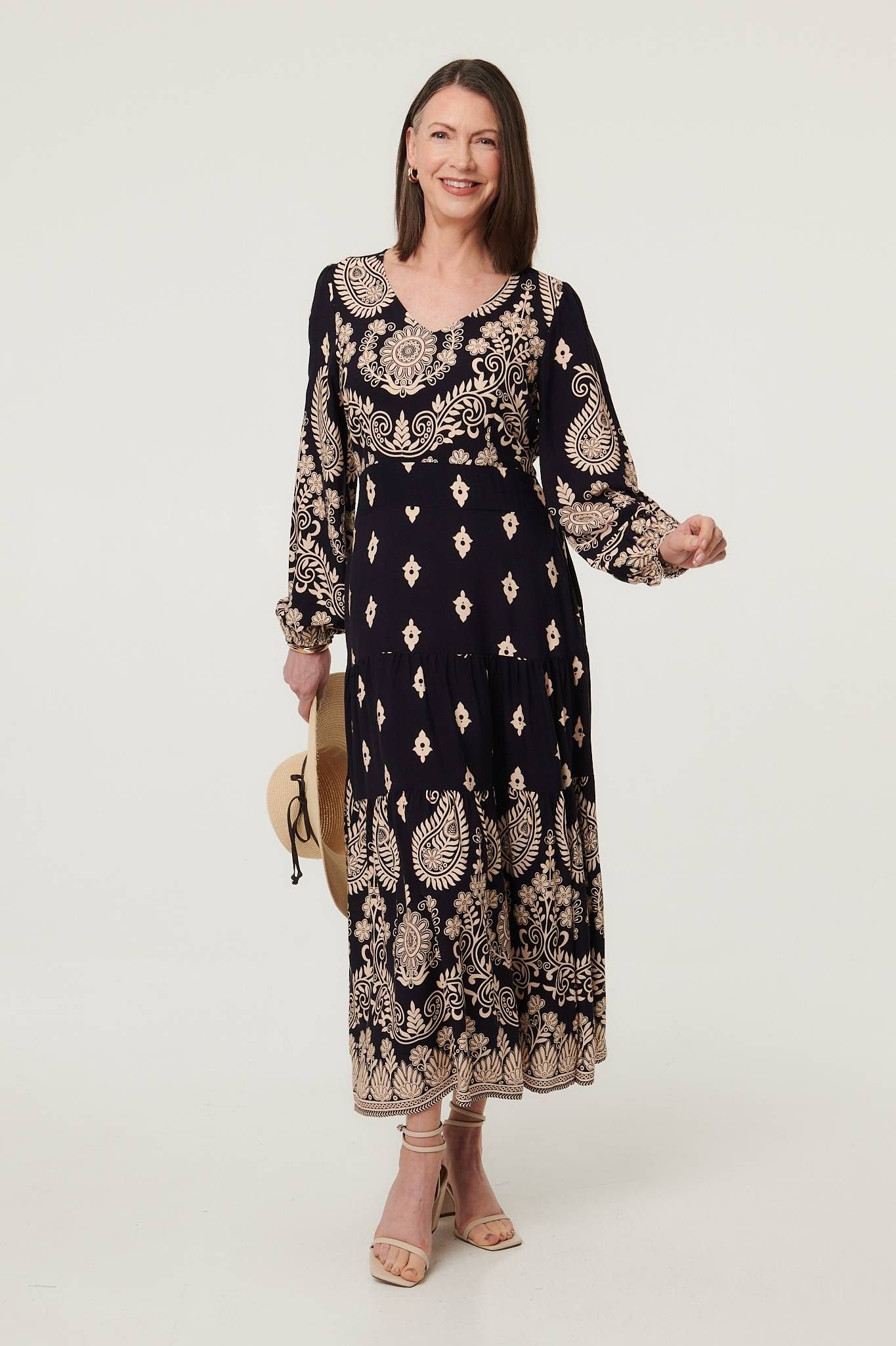 Izabel London Izabel London Women's Paisley Print Long Sleeve Midi Dress in Navy - 3