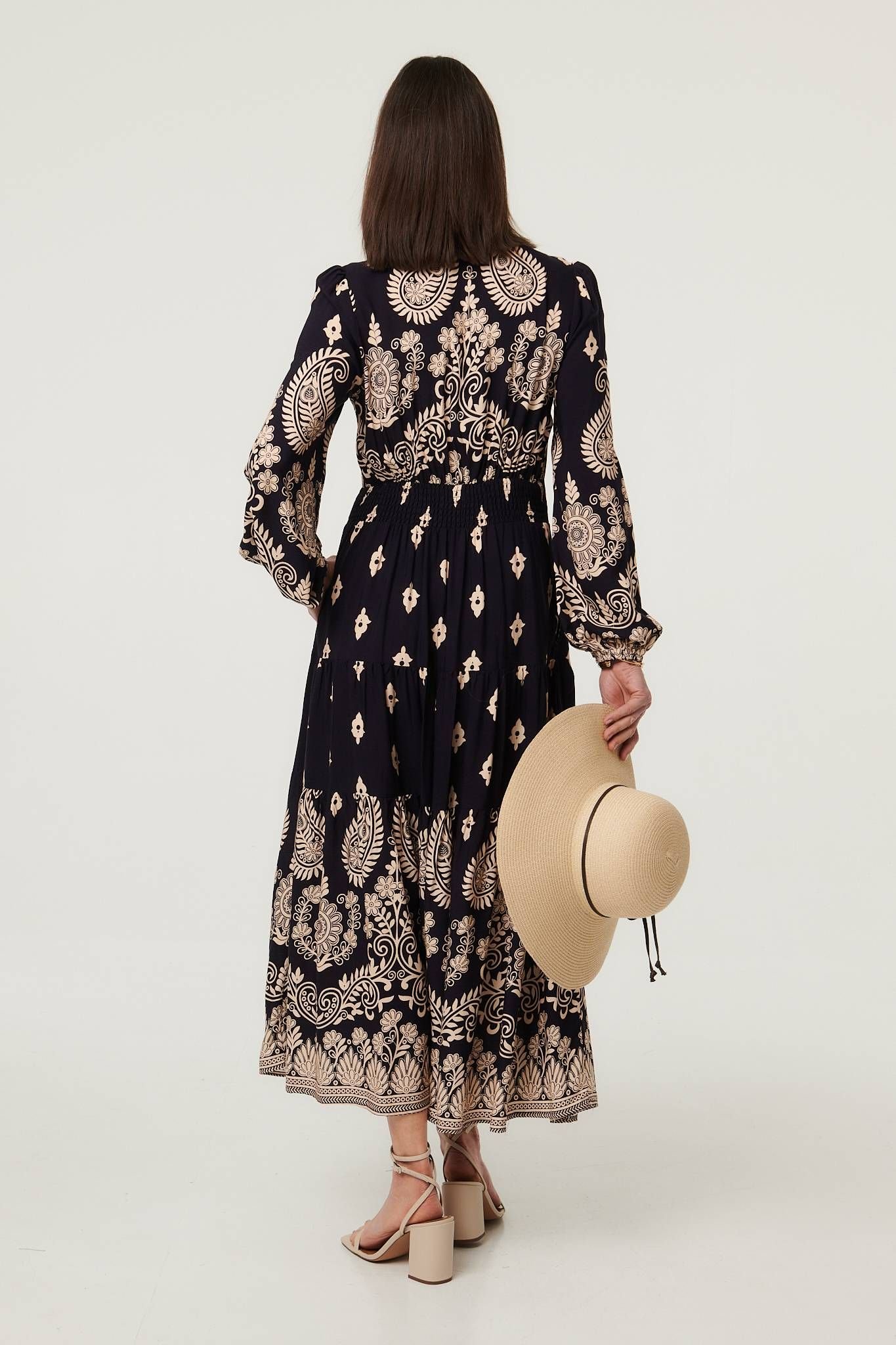 Izabel London Izabel London Women's Paisley Print Long Sleeve Midi Dress in Navy - 4