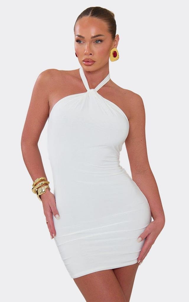 EGO Halterneck Knotted Detail Mini Dress In White, Women's Size UK 6 - 2