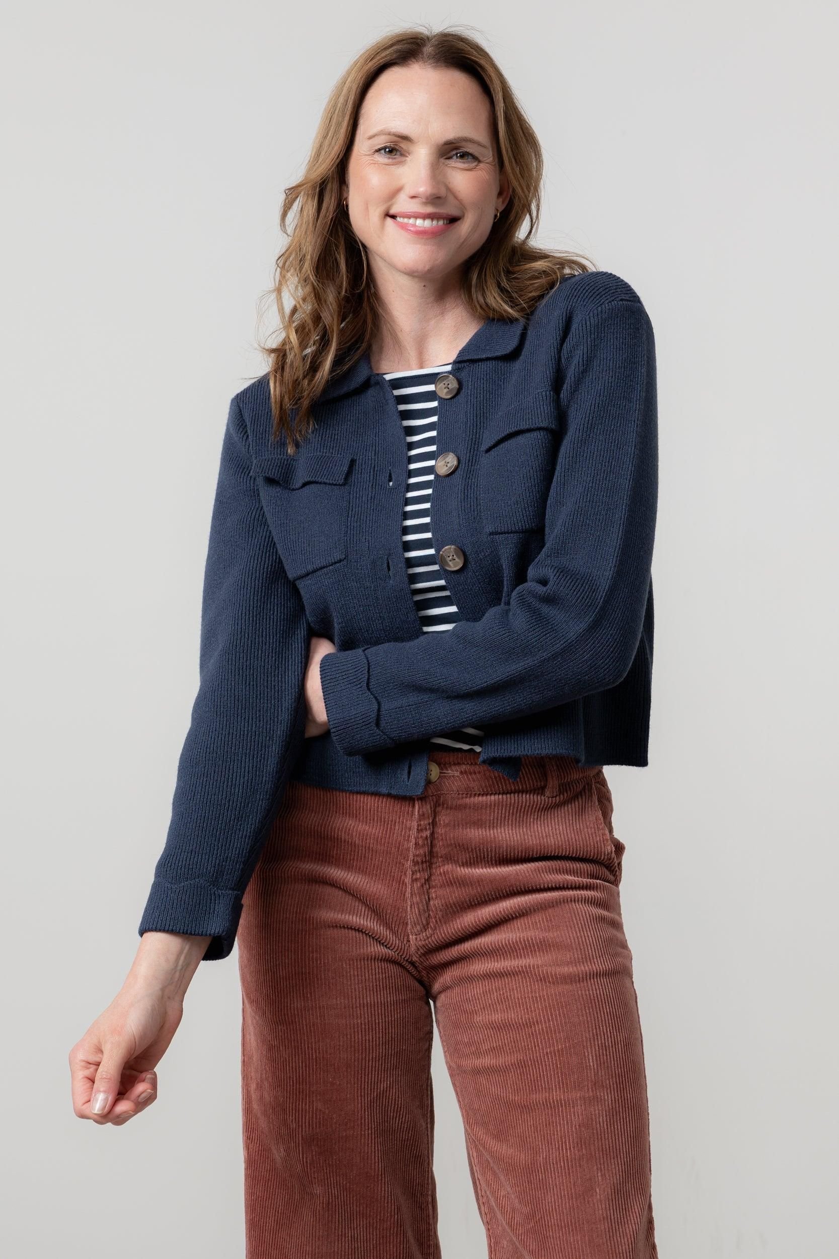 Lily & Me Lily & Me Women's Chestnut Chic Boxy Fit Knitted Jacket with Scalloped turn back cuffs in Navy - 2