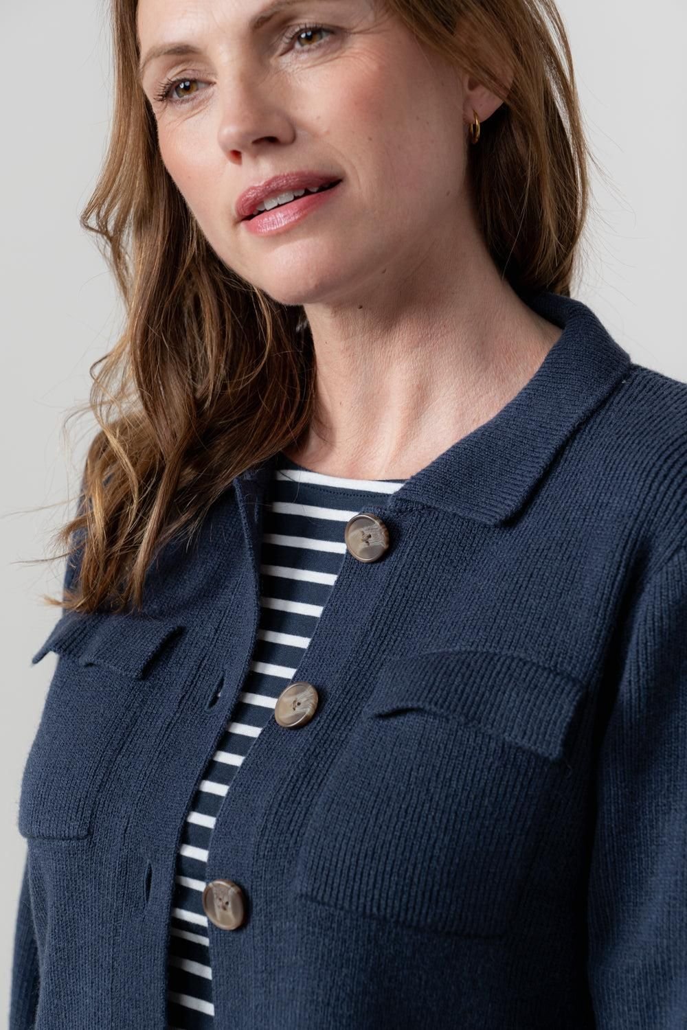 Lily & Me Lily & Me Women's Chestnut Chic Boxy Fit Knitted Jacket with Scalloped turn back cuffs in Navy - 3