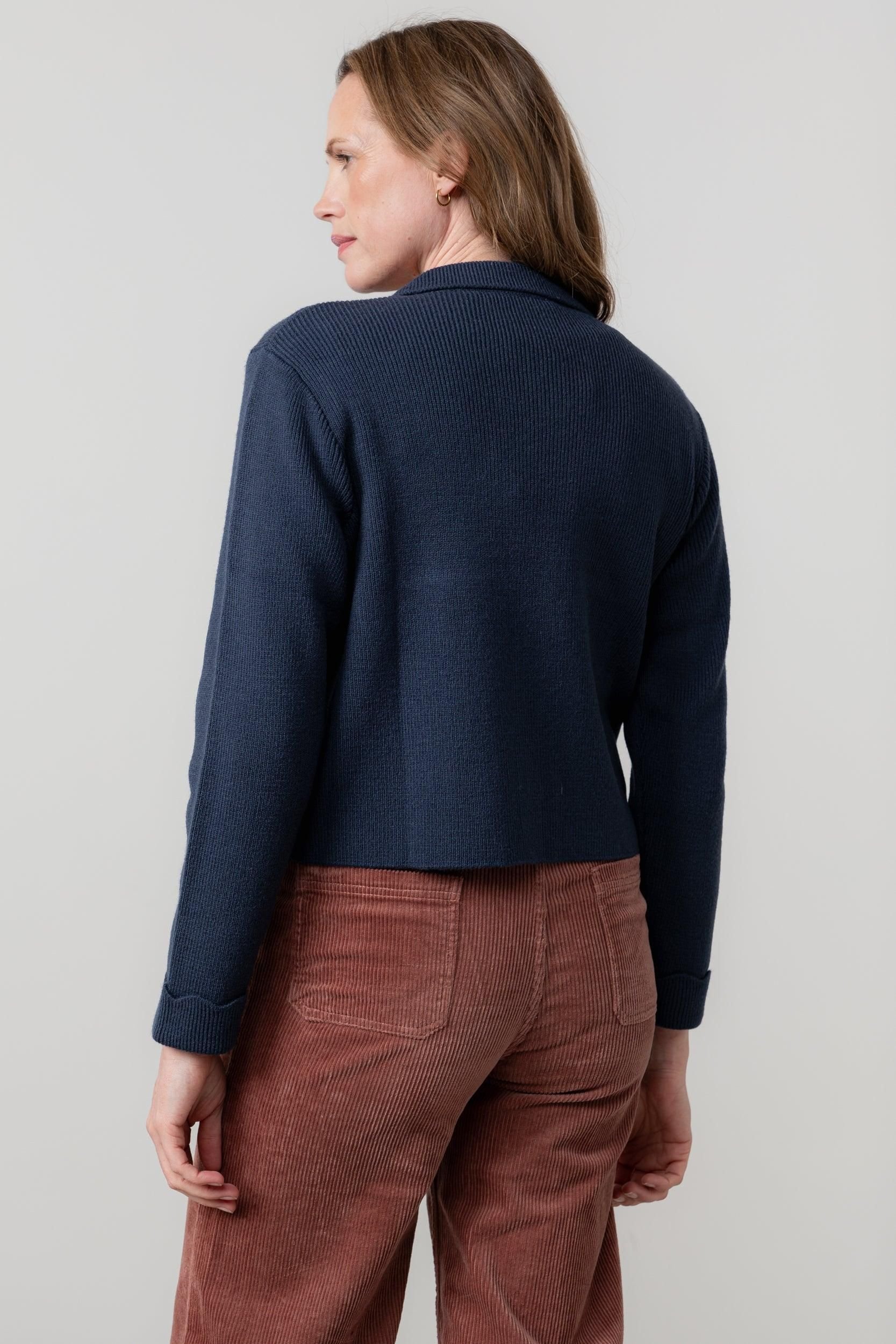 Lily & Me Lily & Me Women's Chestnut Chic Boxy Fit Knitted Jacket with Scalloped turn back cuffs in Navy - 4