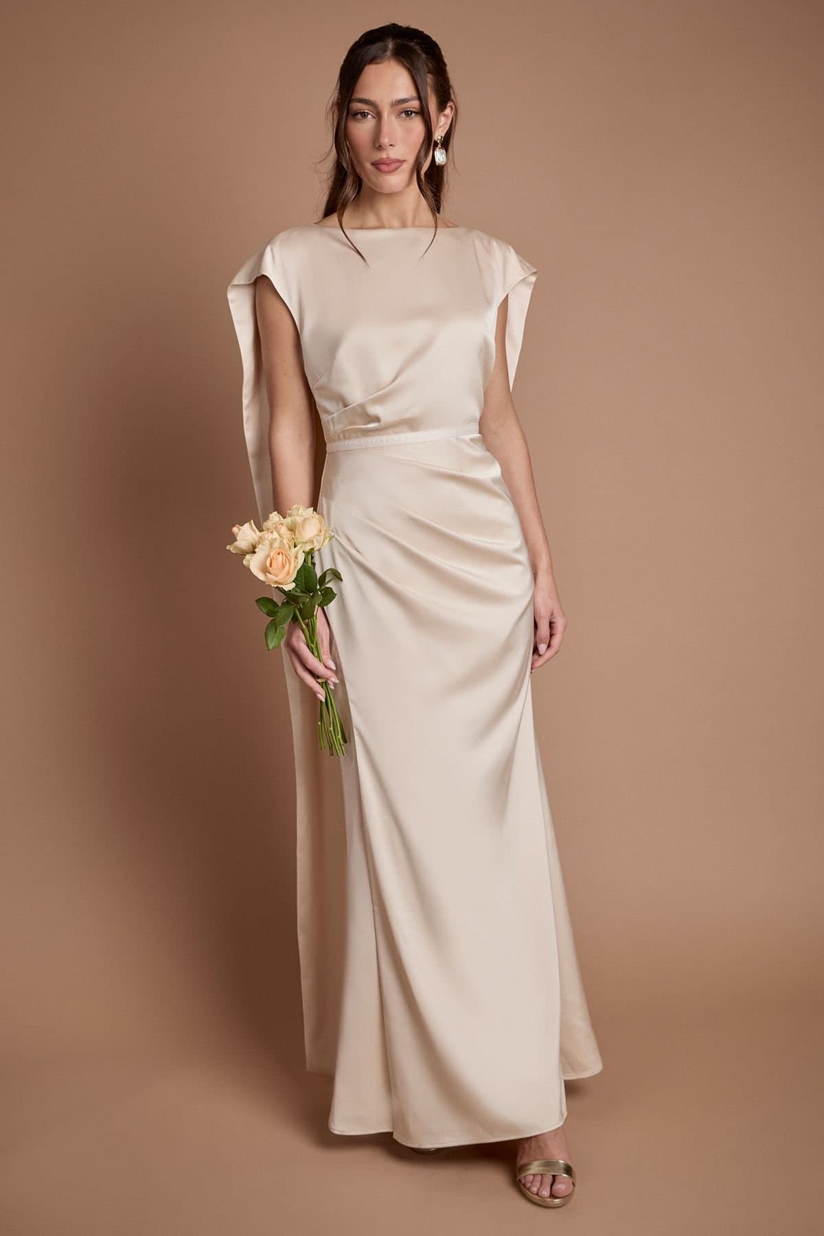 Coast Coast Women's Tie Back Drape Satin Bridesmaid Maxi Dress in Champagne