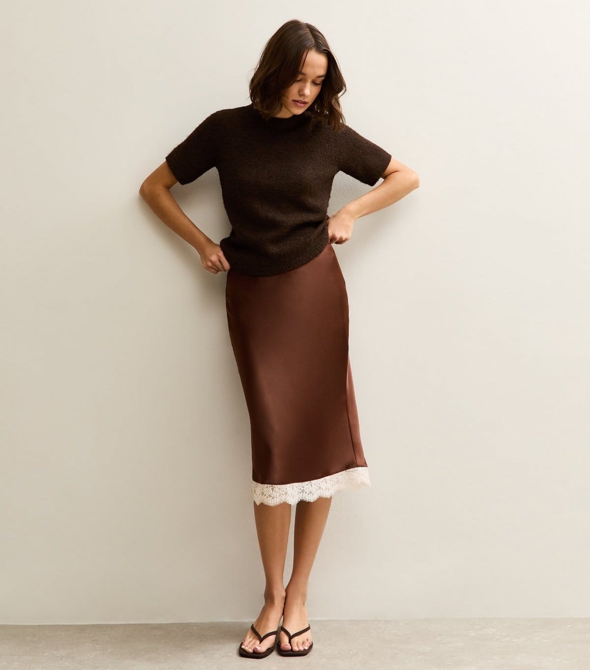 New Look Dark Brown Satin Lace Trim Midi Skirt