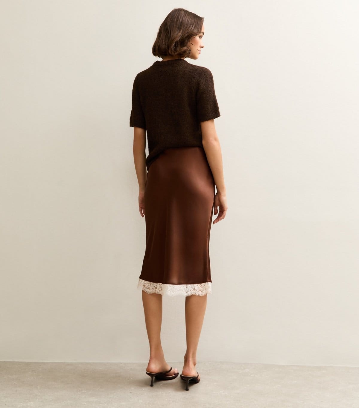 New Look Women's Dark Brown Satin Lace Trim Skirt New Look - 4