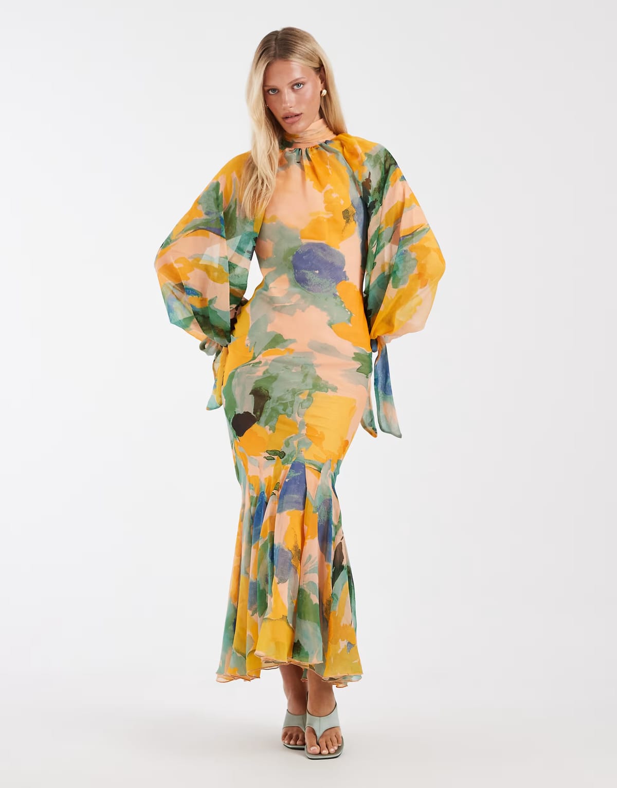 ASOS ASOS DESIGN high neck maxi dress with godet hem in green floral print - 1