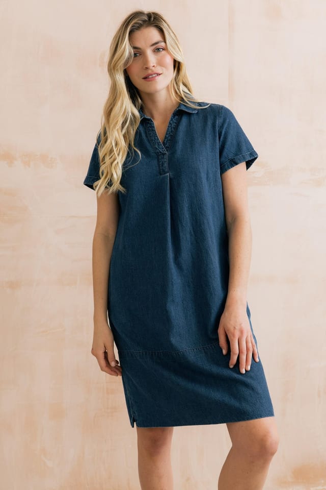 Lily & Me Lily & Me Women's Lavender Short Sleeve Collared V-Neck Denim Dress in Blue - 3