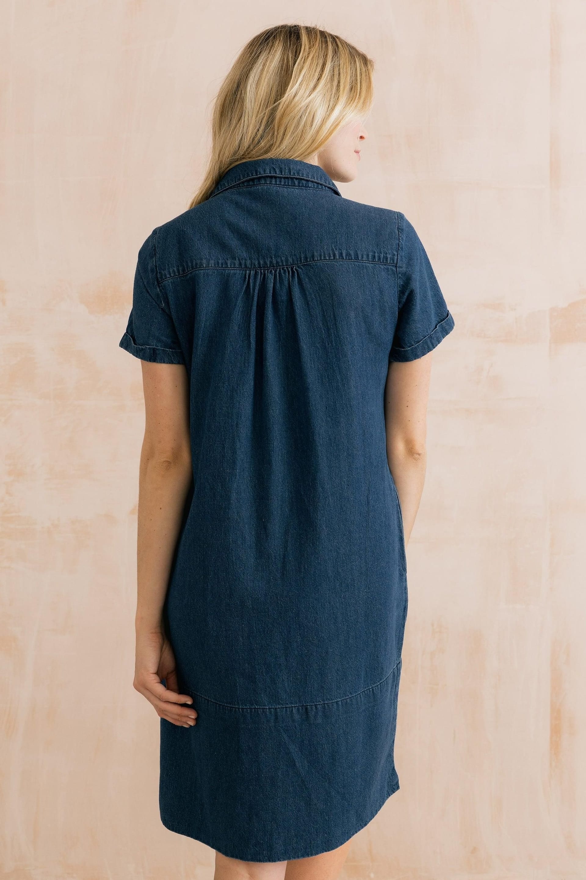 Lily & Me Lily & Me Women's Lavender Short Sleeve Collared V-Neck Denim Dress in Blue - 4