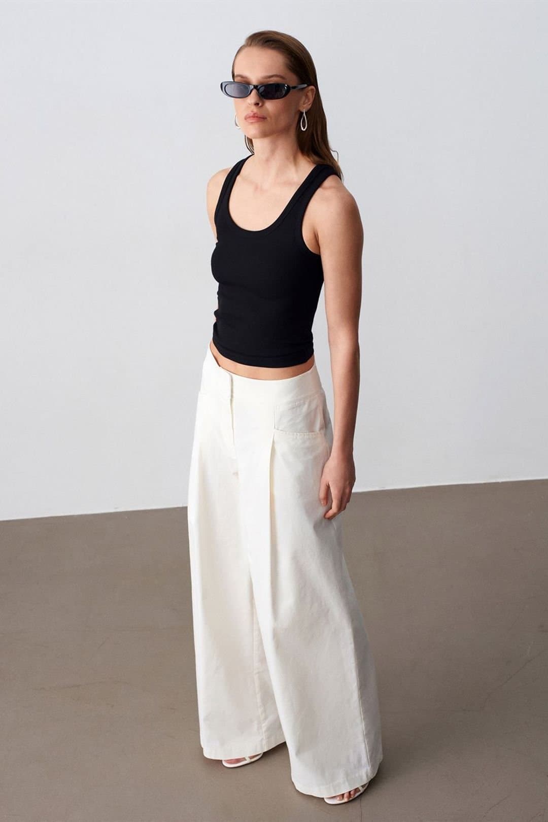Dilvin Dilvin Off-White High-Waist Wide-Leg Cotton/Elastane Trousers
