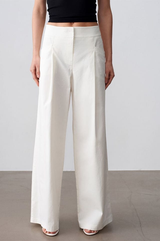 Dilvin Dilvin Women's High-Waist Wide-Leg Pleated Trousers in Off-White - 3
