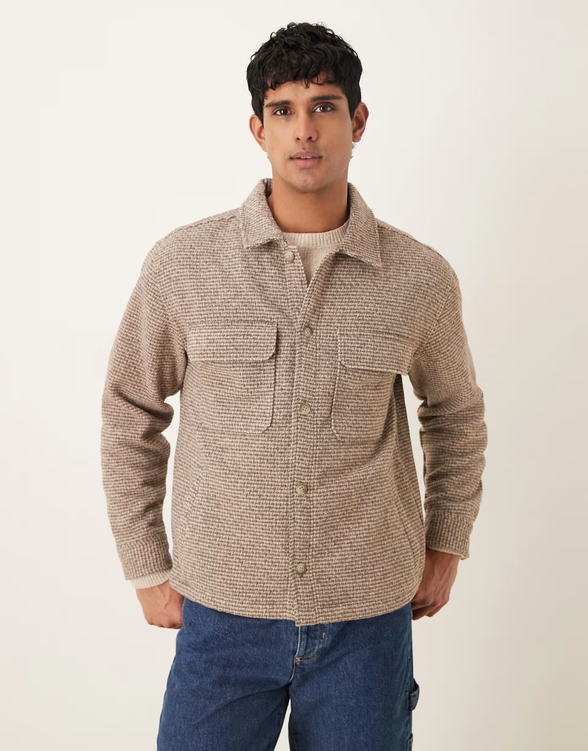 ASOS Abercrombie & Fitch relaxed boucle shirt jacket in grey/brown plaid