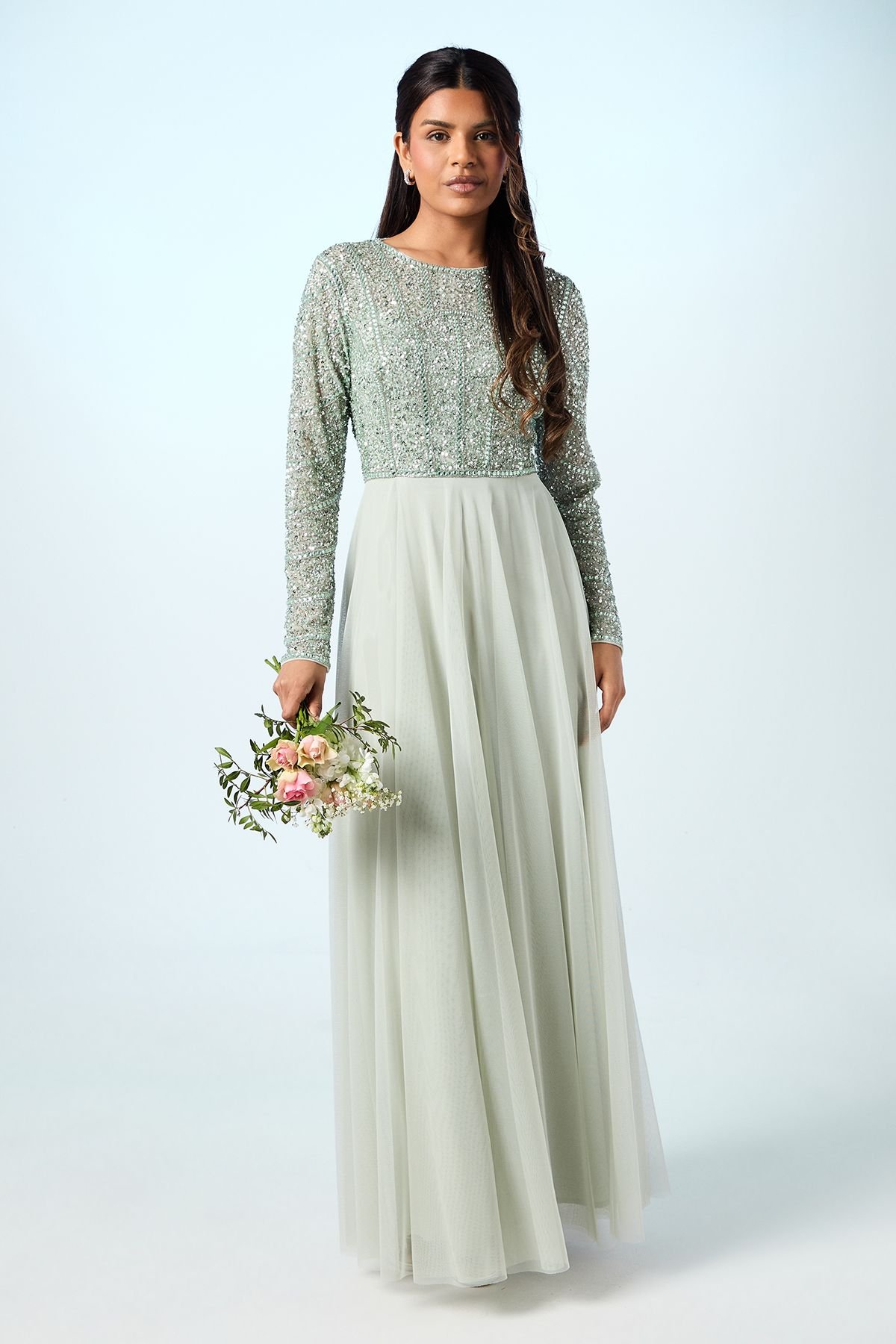 Coast Coast Women's Petite Mixed Gem Tulle Skirt Bridesmaid Dress in Sage - 2