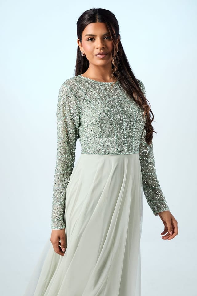 Coast Coast Women's Petite Mixed Gem Tulle Skirt Bridesmaid Dress in Sage - 2