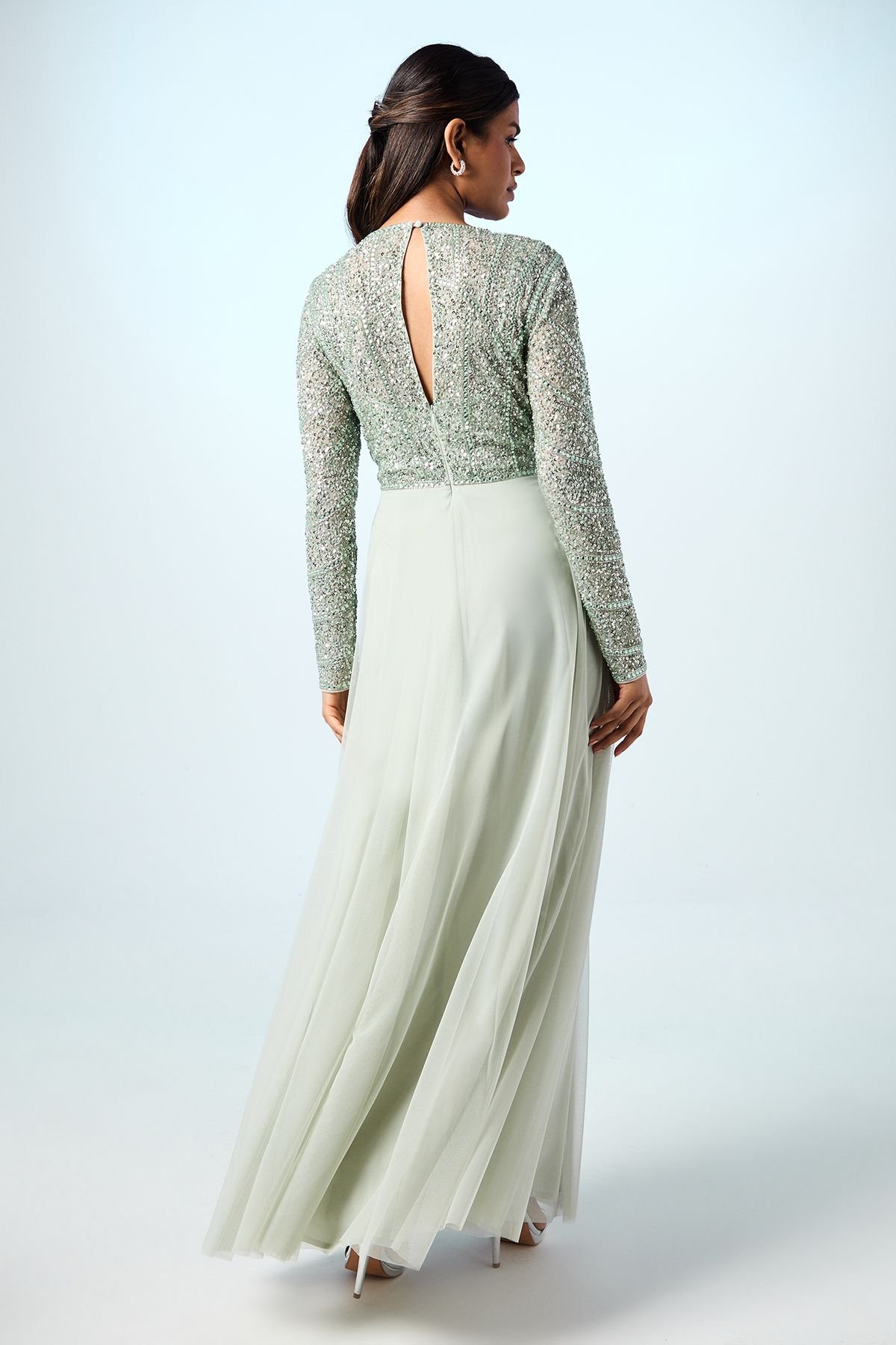 Coast Coast Women's Petite Mixed Gem Tulle Skirt Bridesmaid Dress in Sage - 3