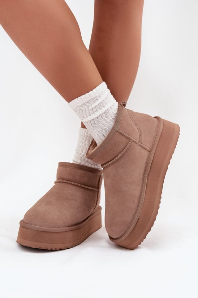 Love Lace Love Lace Women's Natural Suede Insulated Snow Boots Thick Fur Platform Slip On in Beige - 3