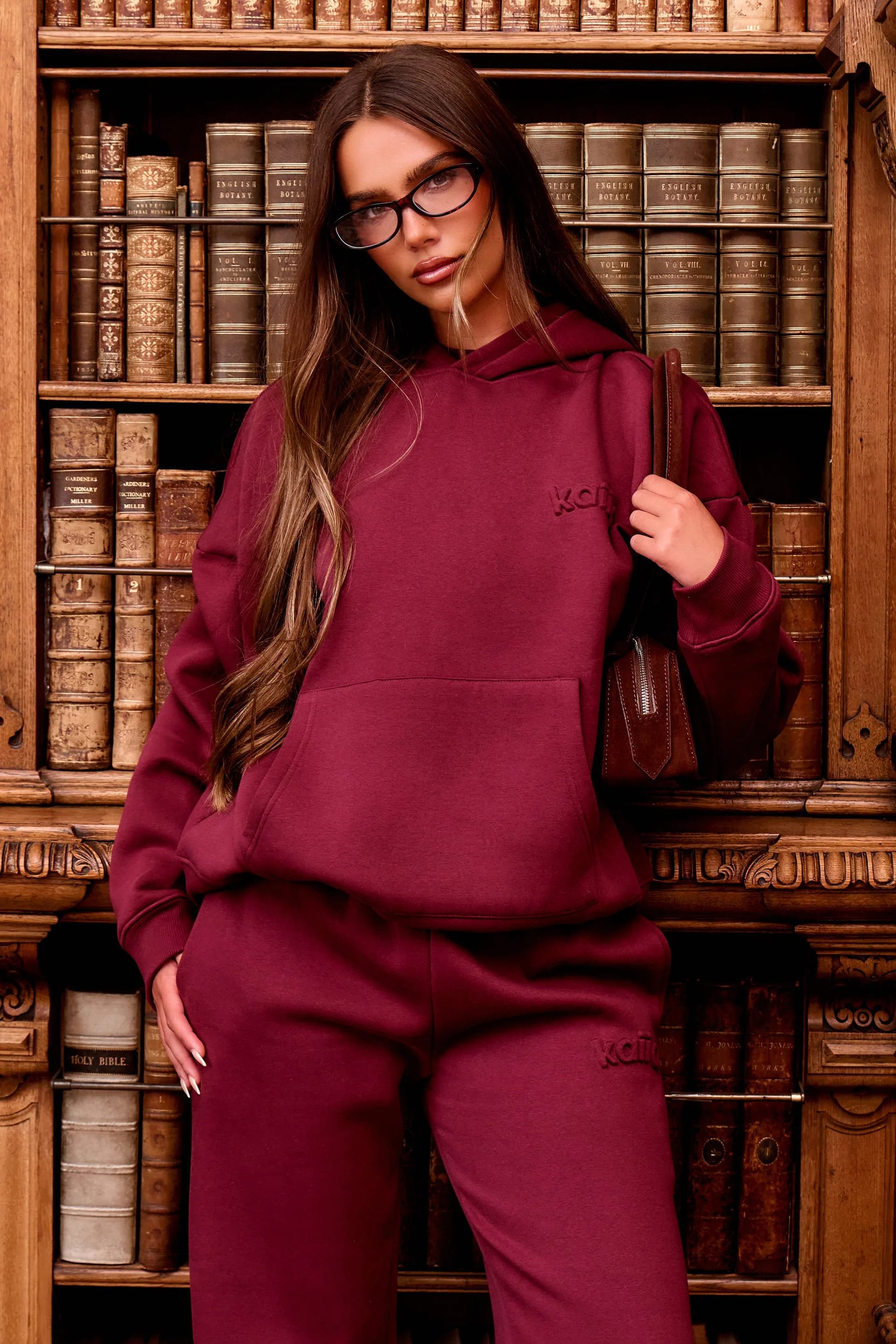 Kaiia Dark Cherry Embossed Logo Oversized Hoodie