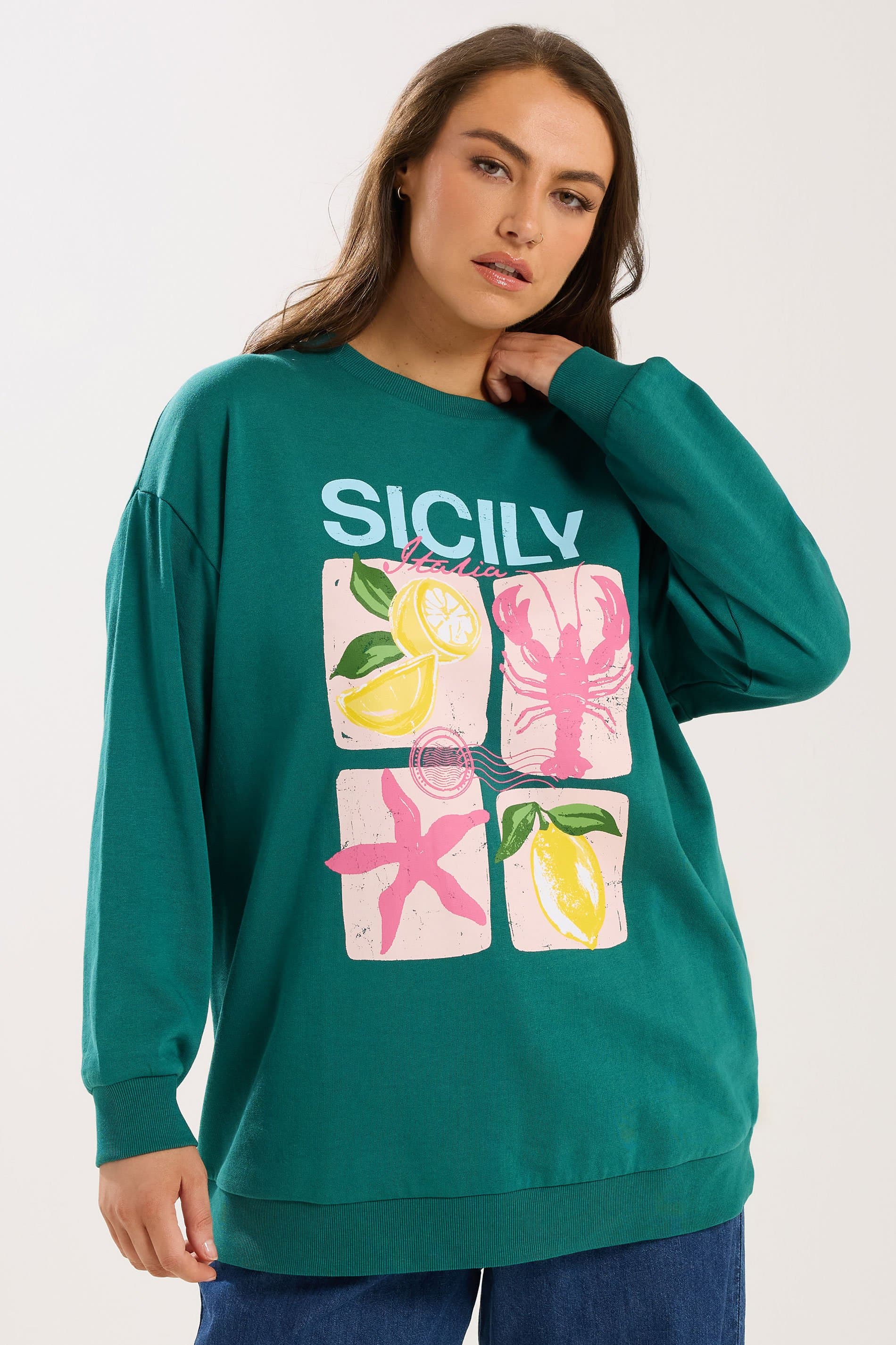 Yours Plus Size Teal Green 'Sicily' Slogan Sweatshirt