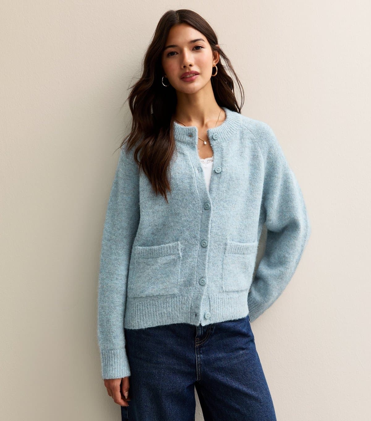 New Look Women's Light Blue Double Pocket Textured Knit Cardigan New Look