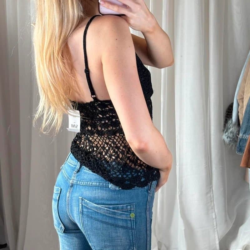 New Look Y2K Black crochet sheer cami top with adjustable straps