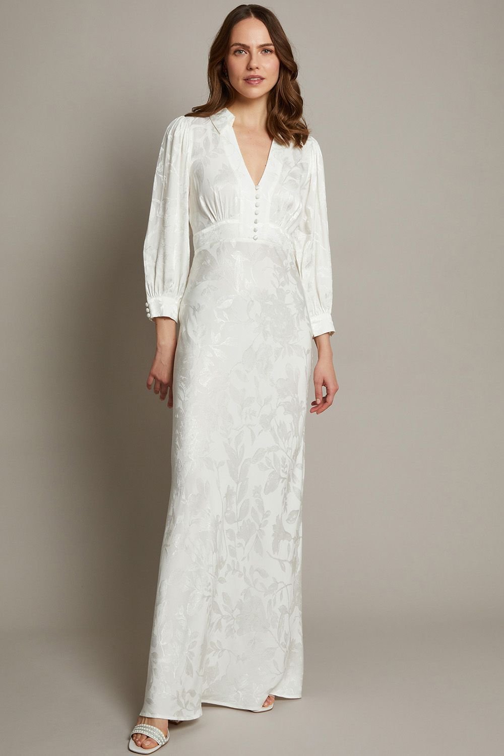 Monsoon Monsoon Women's Grace Long Sleeve Satin Shirt Wedding Dress Ivory - 2