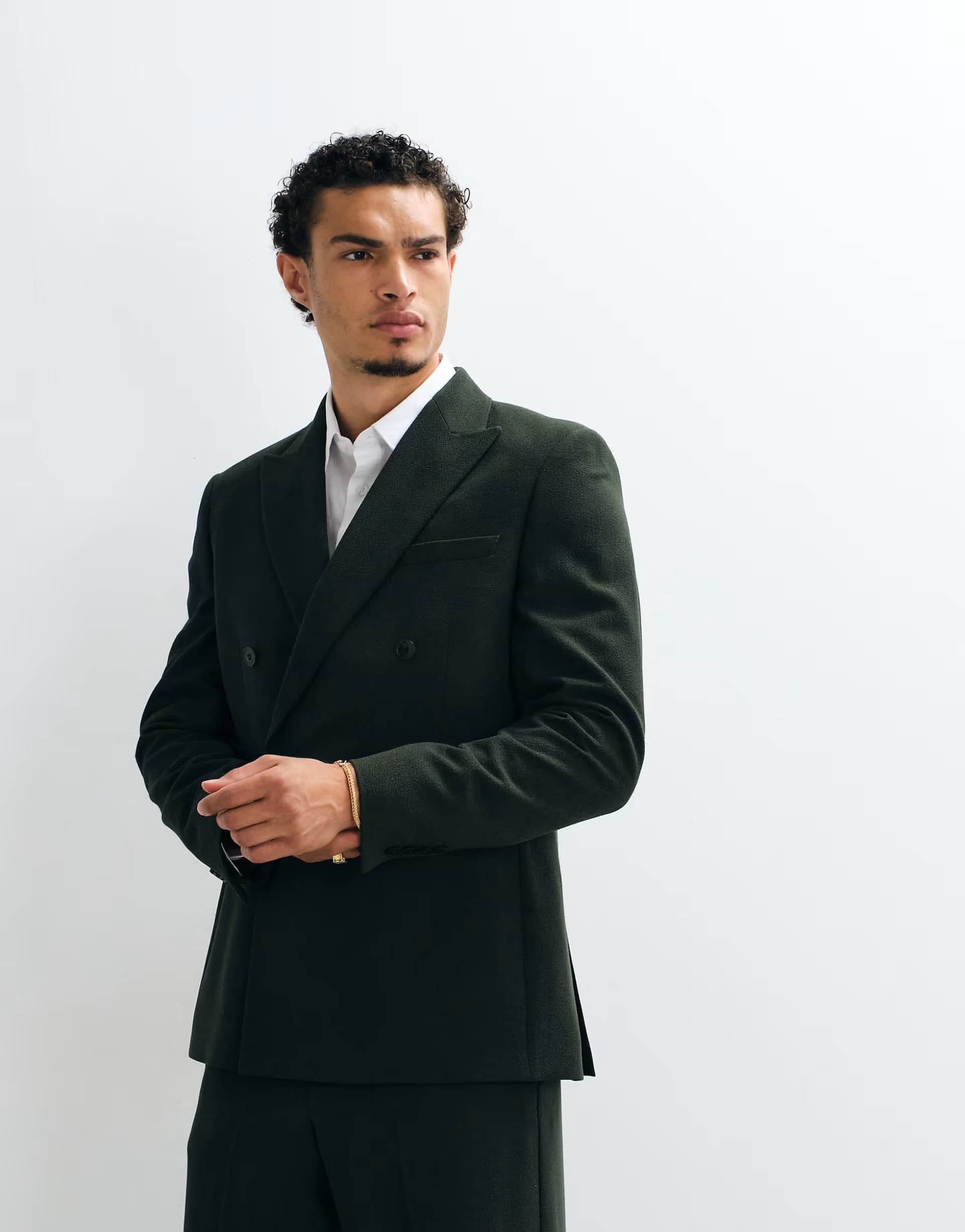 ASOS ASOS DESIGN regular double breasted suit jacket in dark green crepe