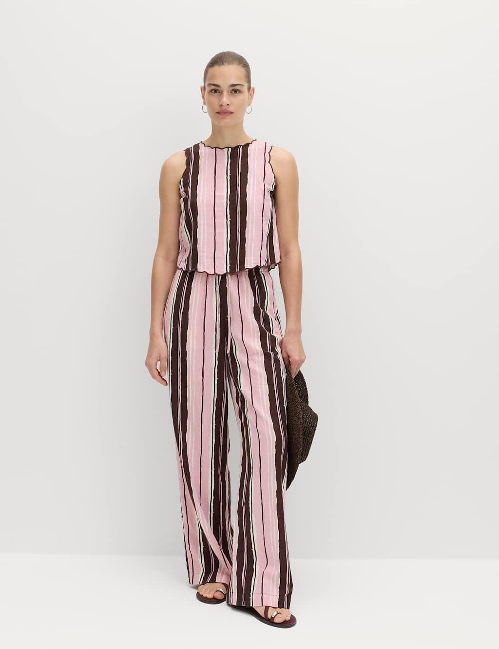 Marks & Spencer M&S Linen Rich Striped Wide Leg Trousers Pink Mix