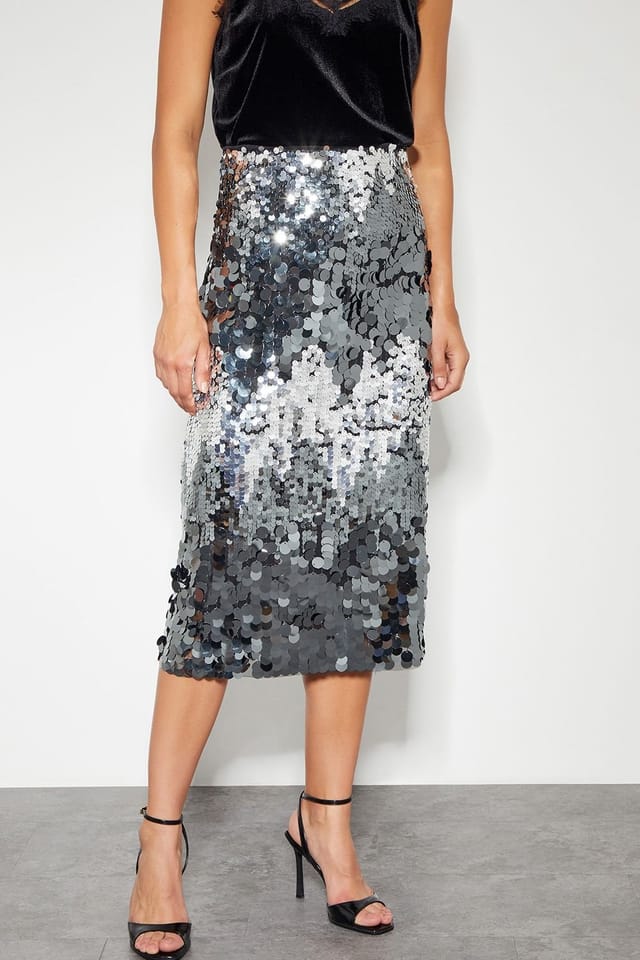 Monsoon Monsoon Women's Sia Sequin Midi Skirt Silver - 2