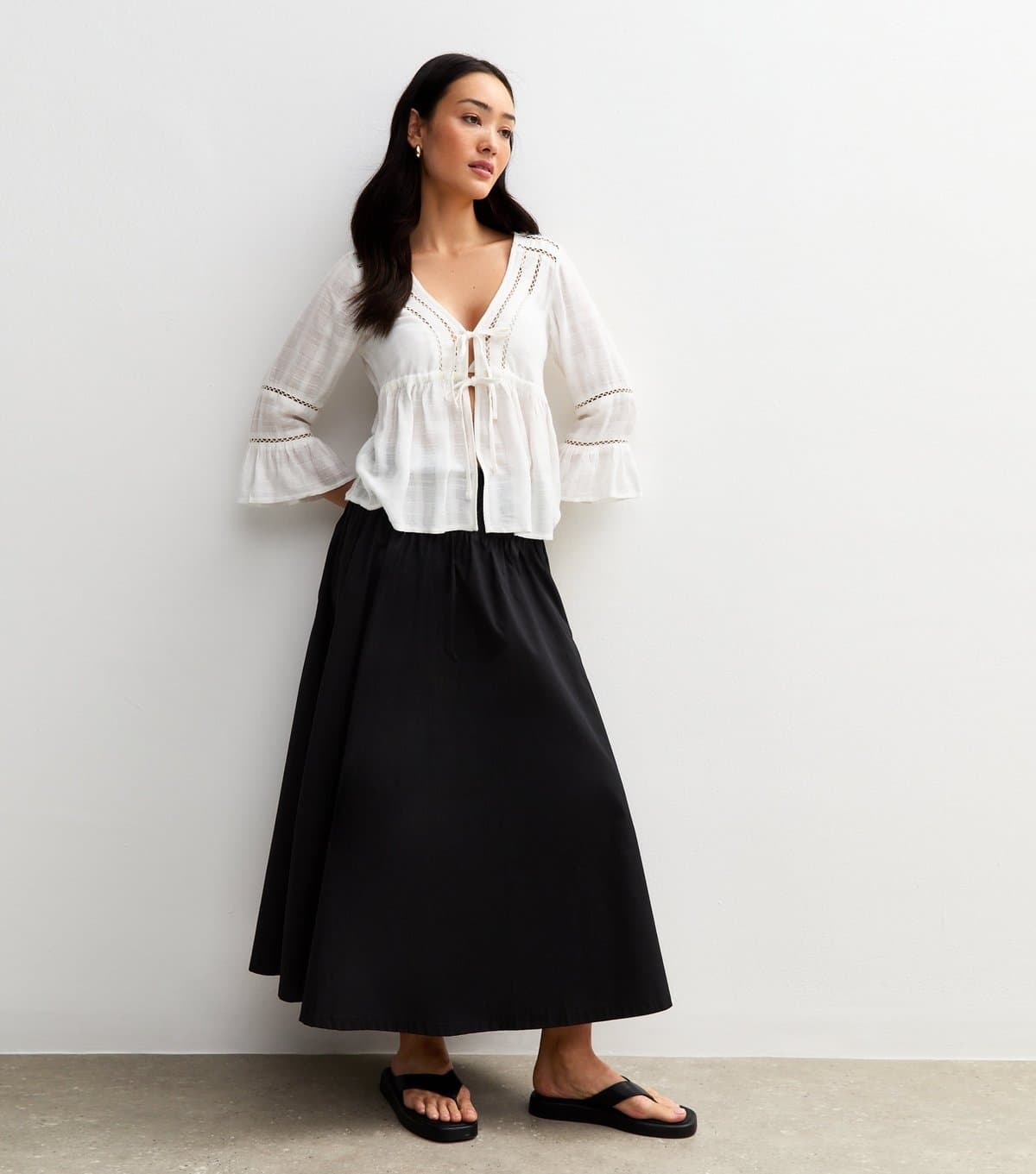 New Look Women's Black Shirred Waist Poplin Midi Skirt New Look