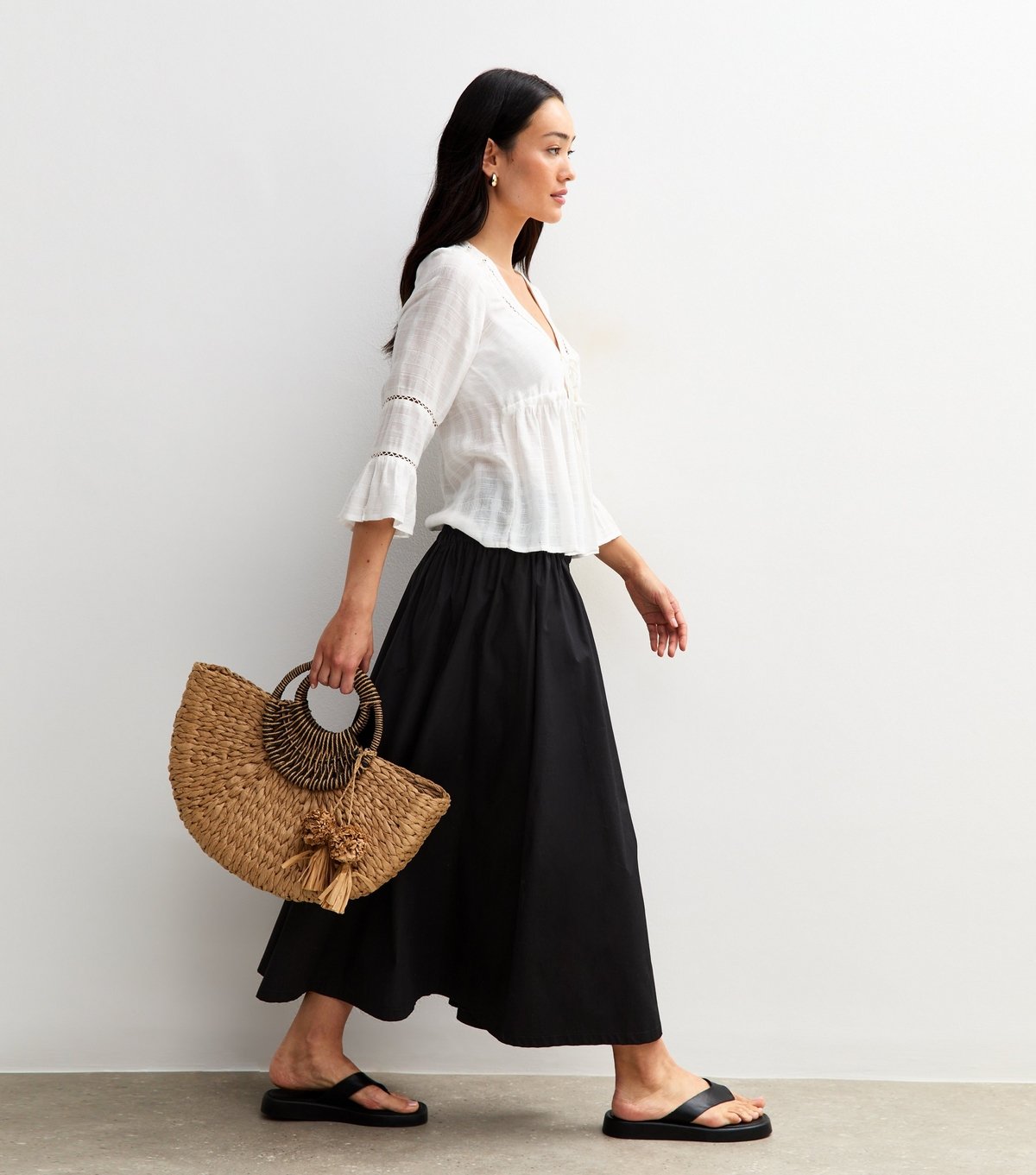 New Look Women's Black Shirred Waist Poplin Midi Skirt New Look - 3