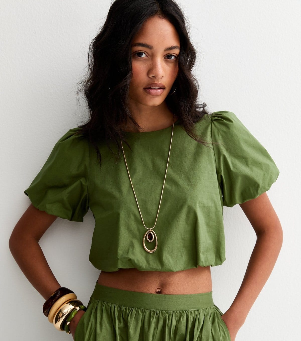 New Look Green Poplin Bubble Hem Crop Top