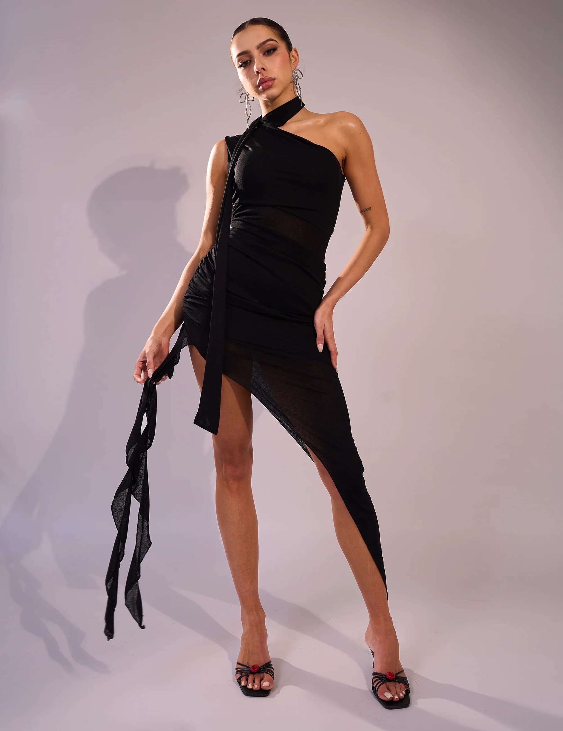 Public Desire Mesh Choker Detail Asymmetric Midaxi Dress Black