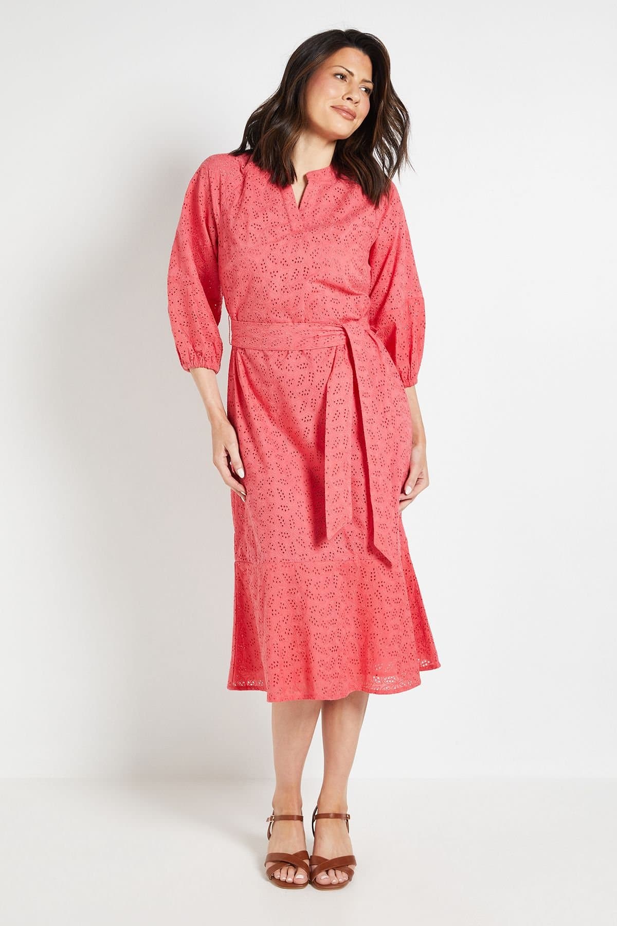Wallis Wallis Women's Broderie Puff Sleeve Midi Dress in Pink